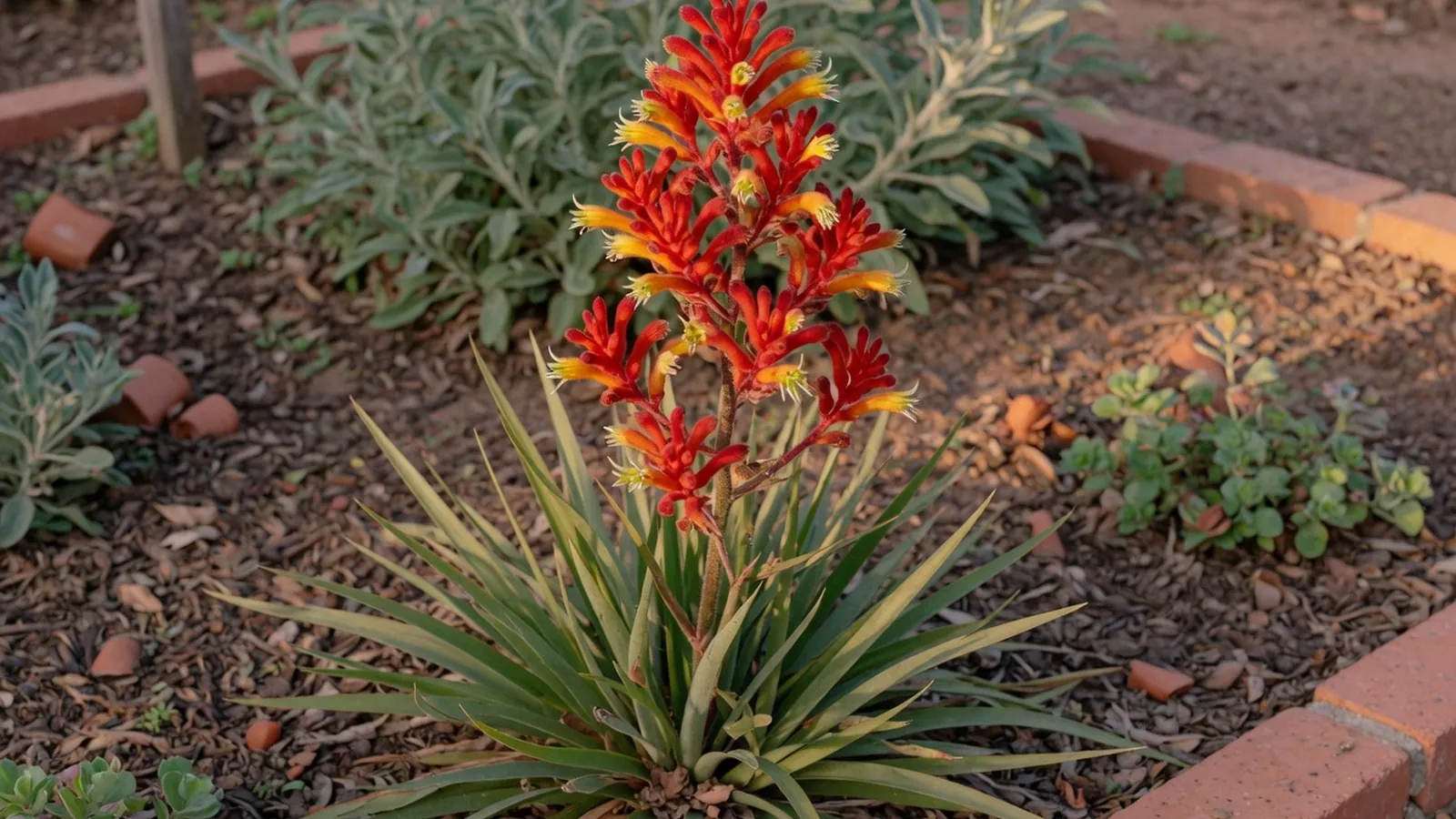 A tall kangaroo paw flower spike with velvety red and yellow tubular blooms rising from strappy green leaves.