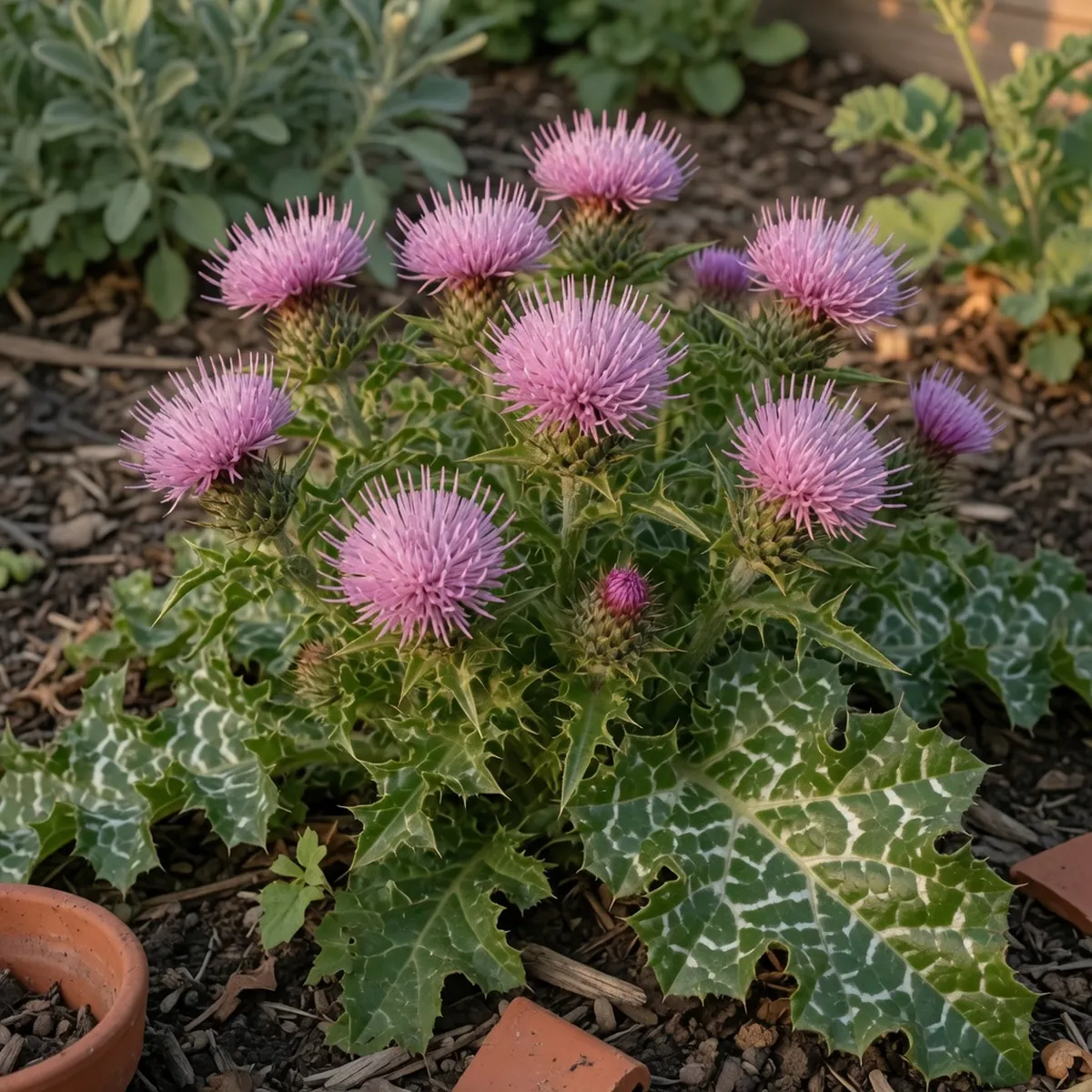 Close-up of pinkish-purple milk thistle flowers surrounded by green leaves with distinctive white vein patterns.