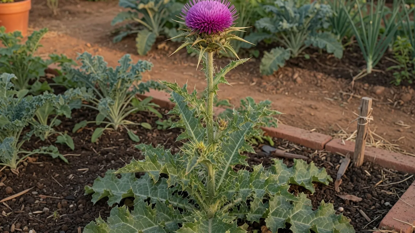 A healthy milk thistle plant with spiny leaves and a tall purple flower head in a garden bed.