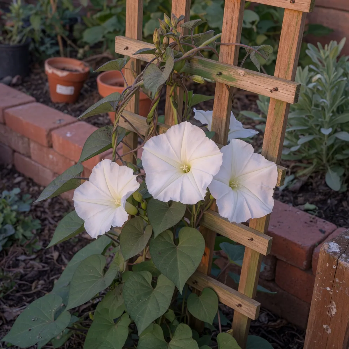 A climbing moonflower vine with large white trumpet blooms and heart-shaped leaves winding around a wooden trellis in a twilight garden.