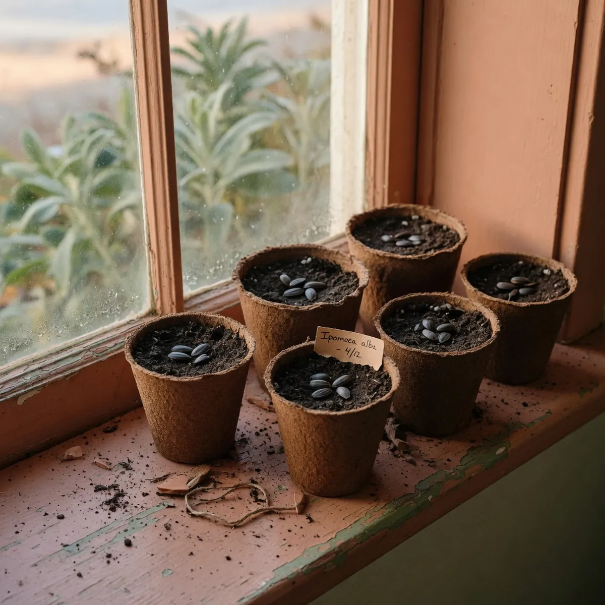 Several small peat pots filled with dark soil and prepared moonflower seeds ready for indoor propagation.