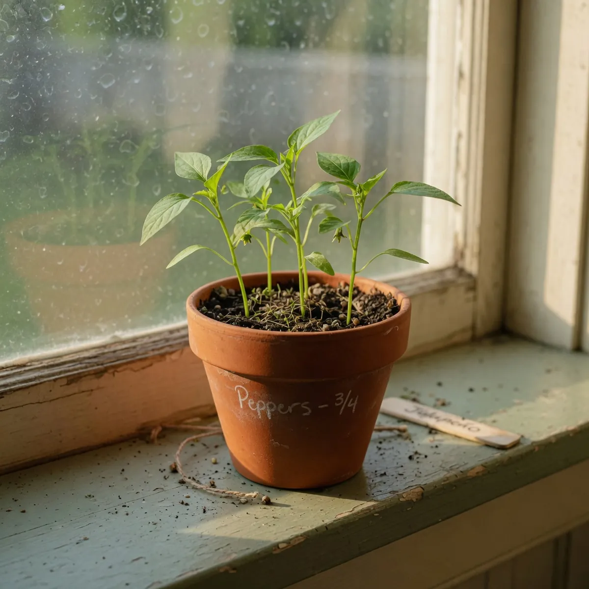 Young green pepper seedlings grow in a terracotta pot on a sunlit windowsill.