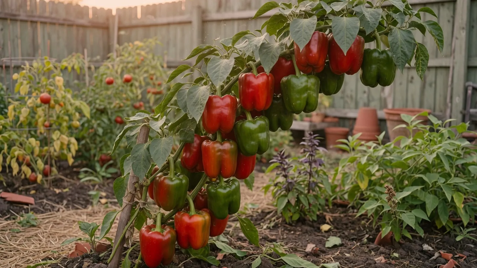 Ripe red and green bell peppers hang from a leafy plant in a sunny garden.