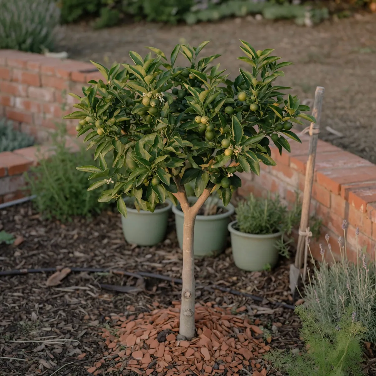 A young Satsuma orange tree with glossy green leaves and small developing fruits in a garden setting.