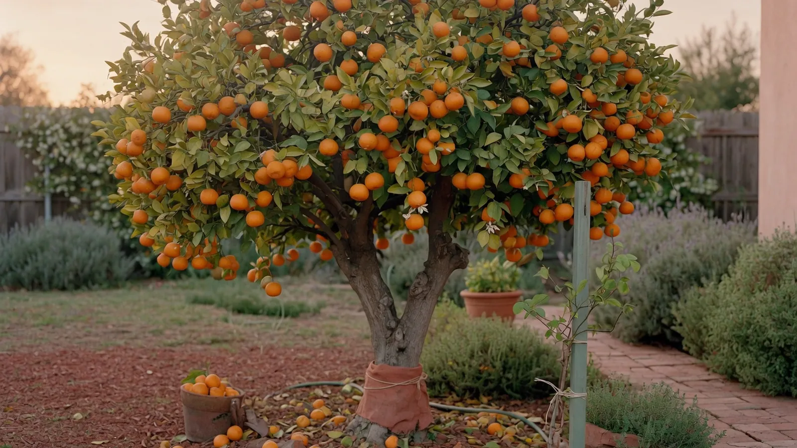 A mature Satsuma orange tree laden with bright orange fruits in a sunny garden.