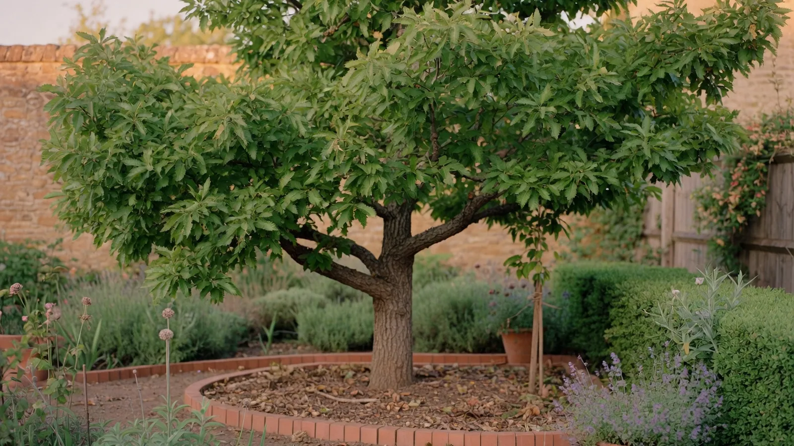 A healthy sawtooth oak tree with bristle-like leaf lobes thriving in a lush garden setting.
