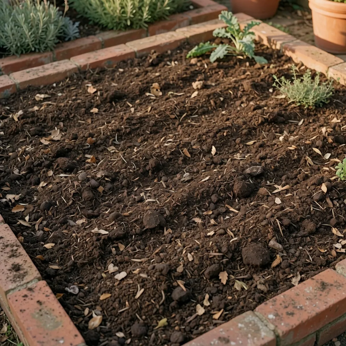 Dark, crumbly garden soil freshly tilled and amended with compost ready for planting.