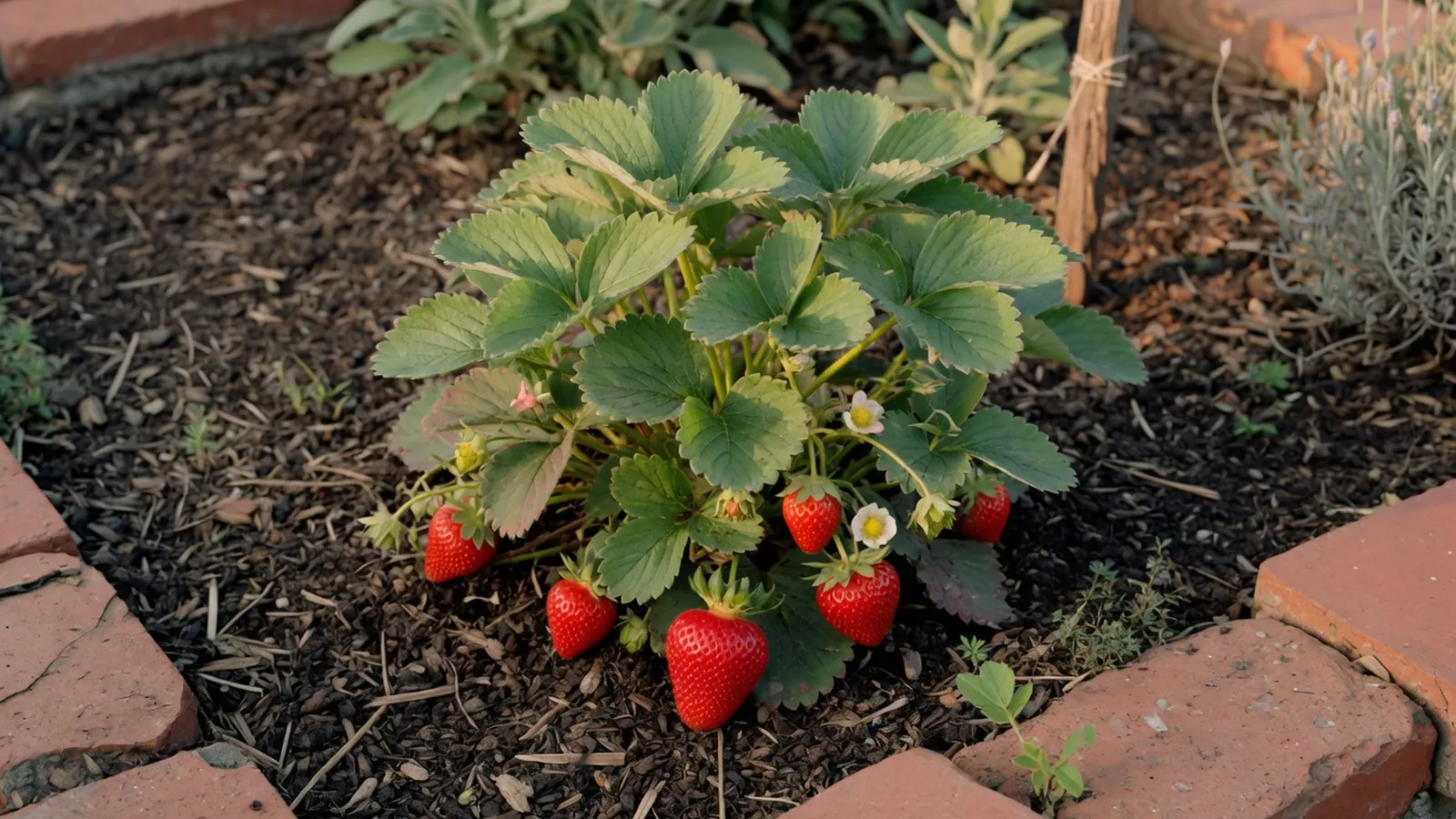 A healthy strawberry plant bearing ripe red fruit among green foliage in a garden setting.