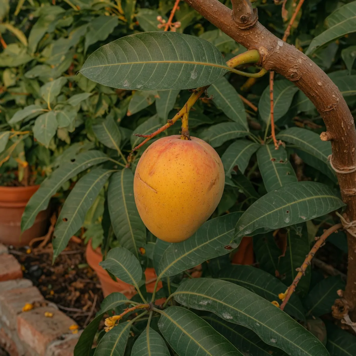 A ripe mango hanging from a leafy branch in a garden.