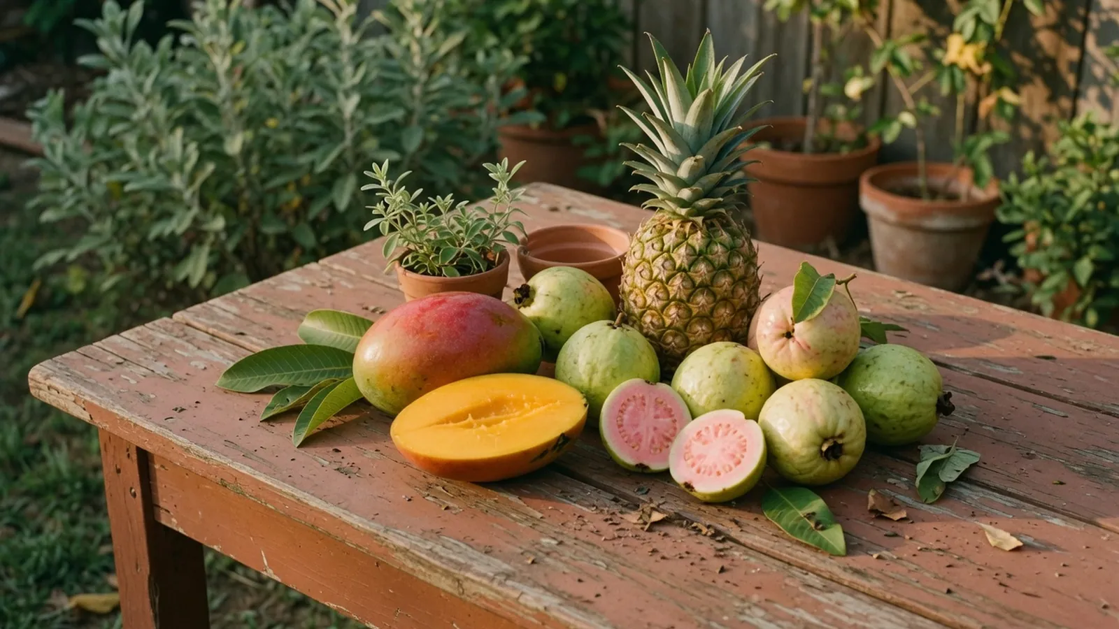 An assortment of fresh tropical fruits arranged on a wooden surface.