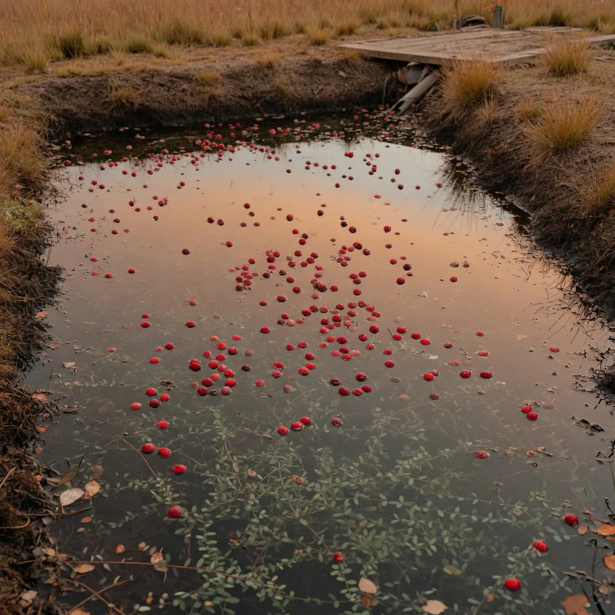 Bright red cranberries floating on the surface of a flooded agricultural bog.