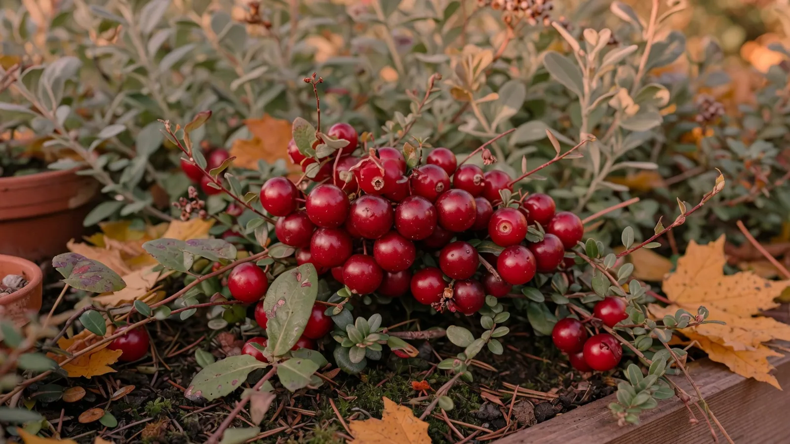 A cluster of ripe red cranberries growing on low green vines.