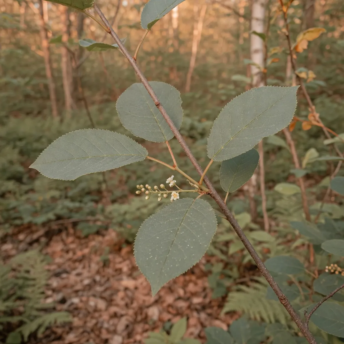 A chokecherry branch displaying alternately arranged grayish-green leaves with toothed margins.
