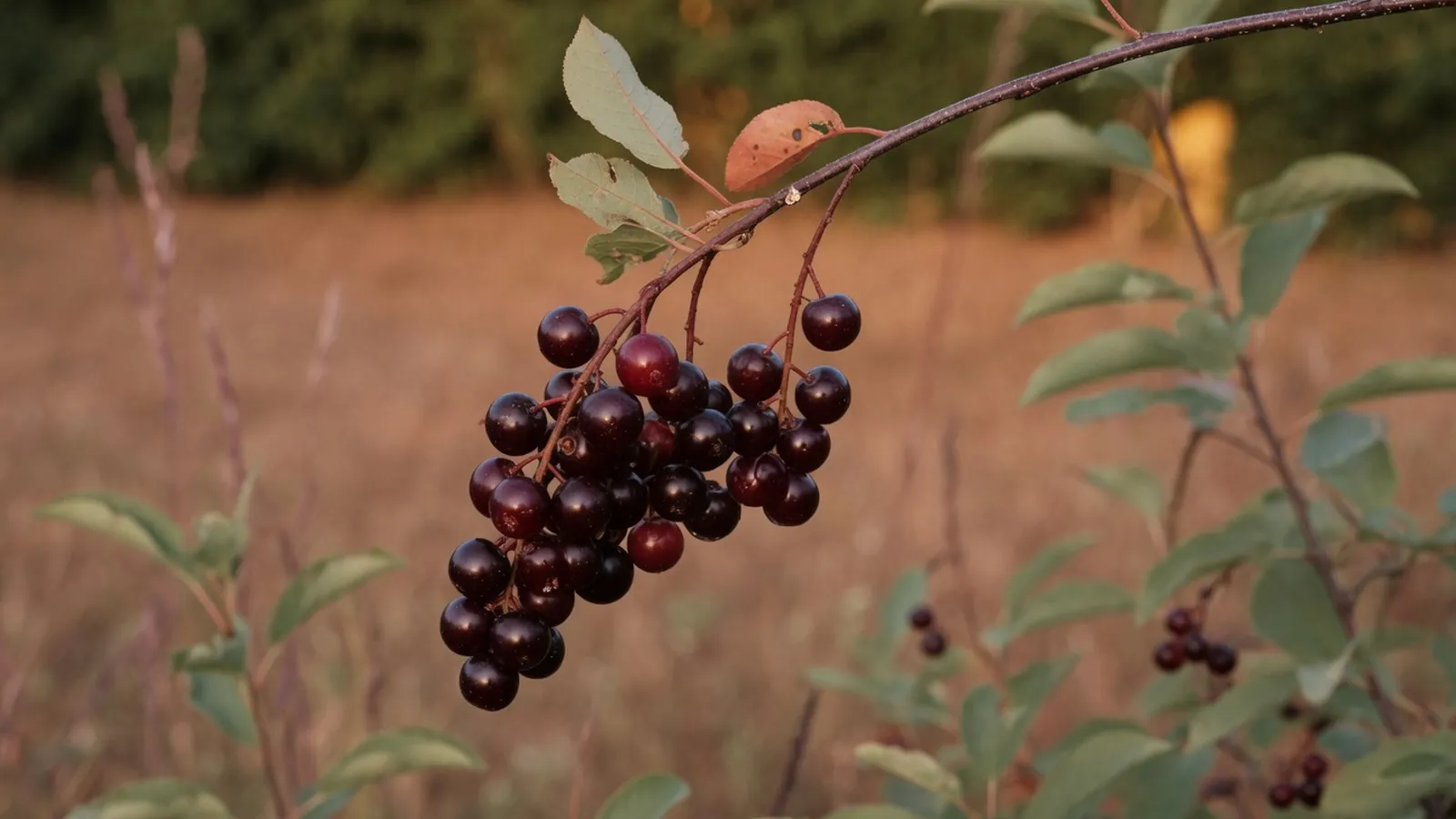 A hanging cluster of ripe dark crimson chokecherry fruits on a slender branch.