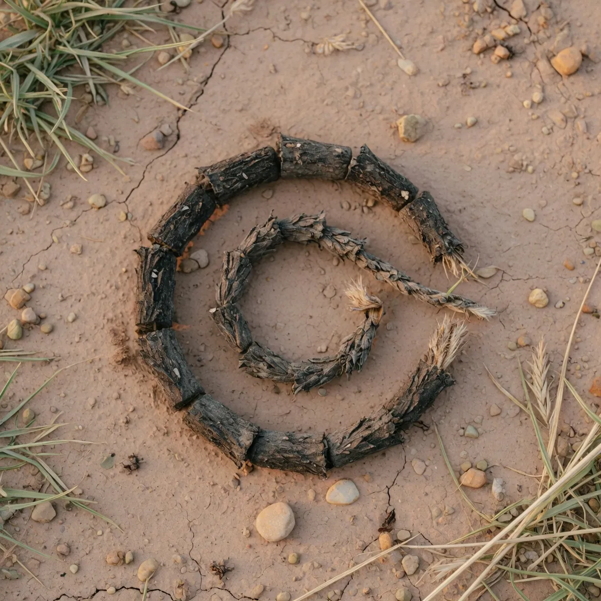 A close-up view of dried coyote scat resting on dry soil and small pebbles, showing its segmented, tubular shape and tapered ends.