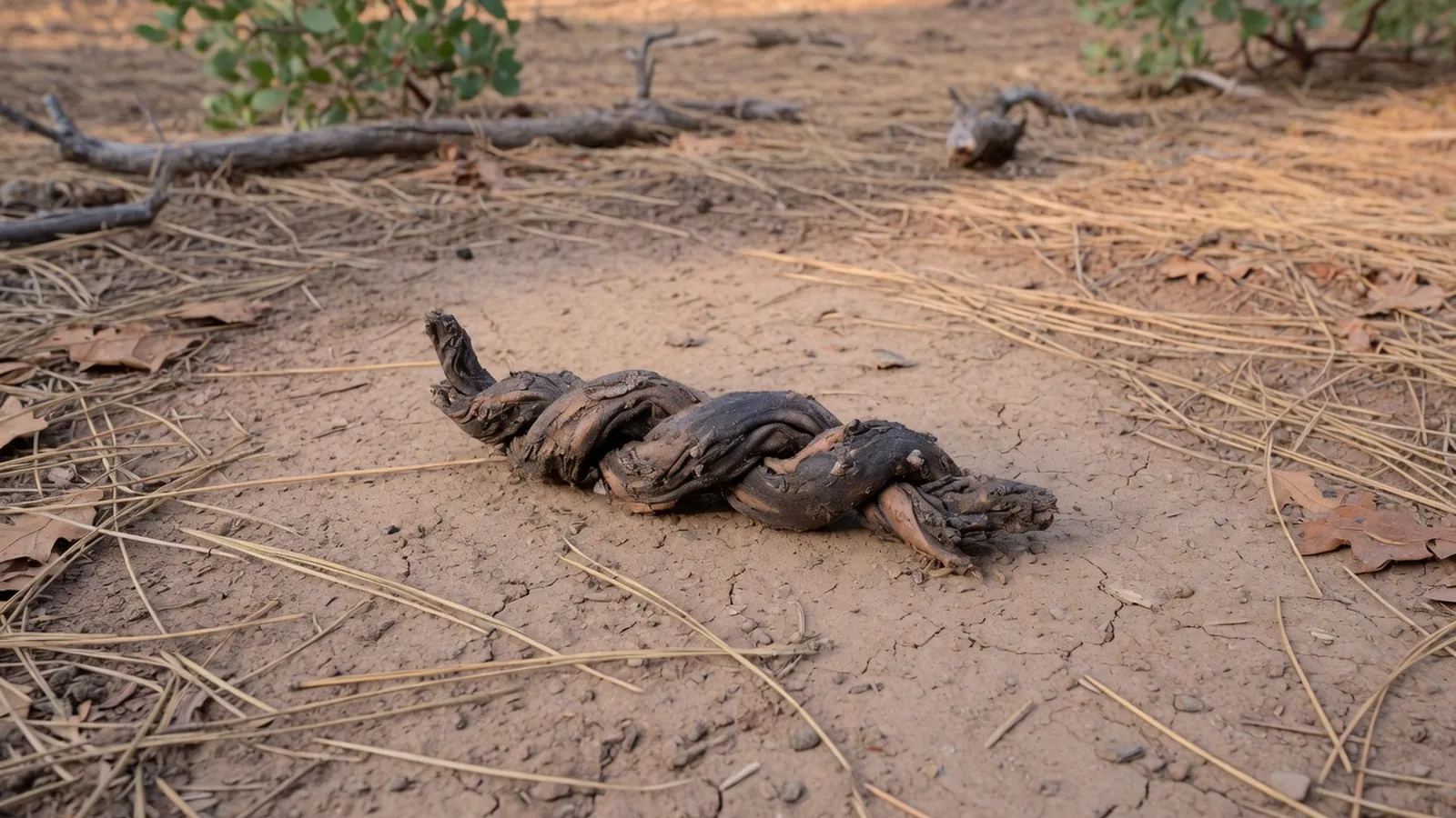 A close-up of dried coyote scat on a natural forest floor, showing its tubular shape and tapered ends.
