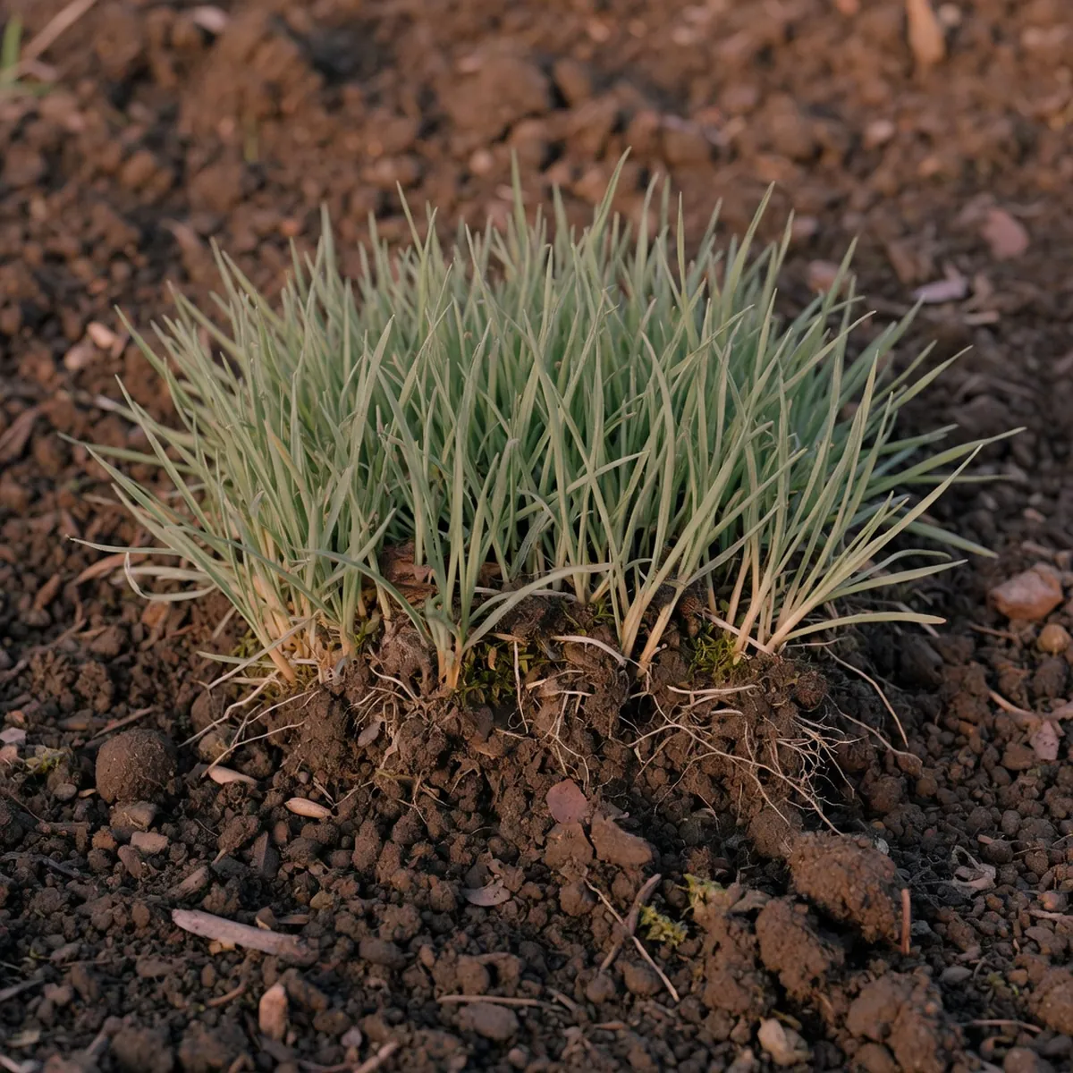 A close-up view of a dense patch of low-growing grass blades emerging from dark soil with visible root nodes.