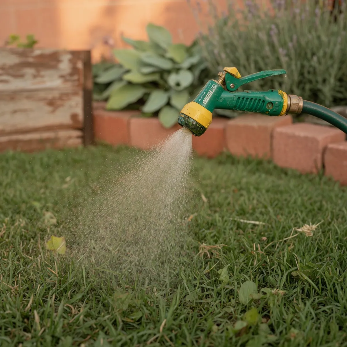 A garden hose sprayer nozzle releasing a fine mist over a patch of green lawn grass.