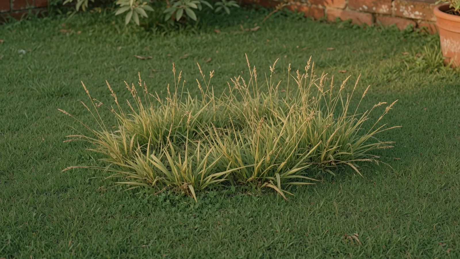A healthy green lawn showing a distinct patch of coarse, invasive grass blades standing out among finer turf.