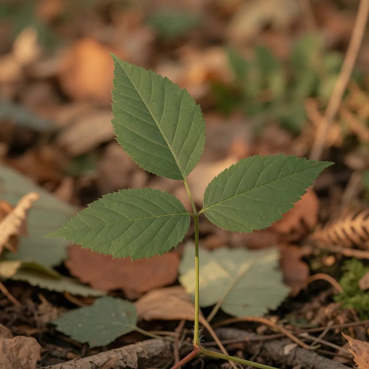 A close-up of three smooth green leaflets growing on a single stem in a natural setting.