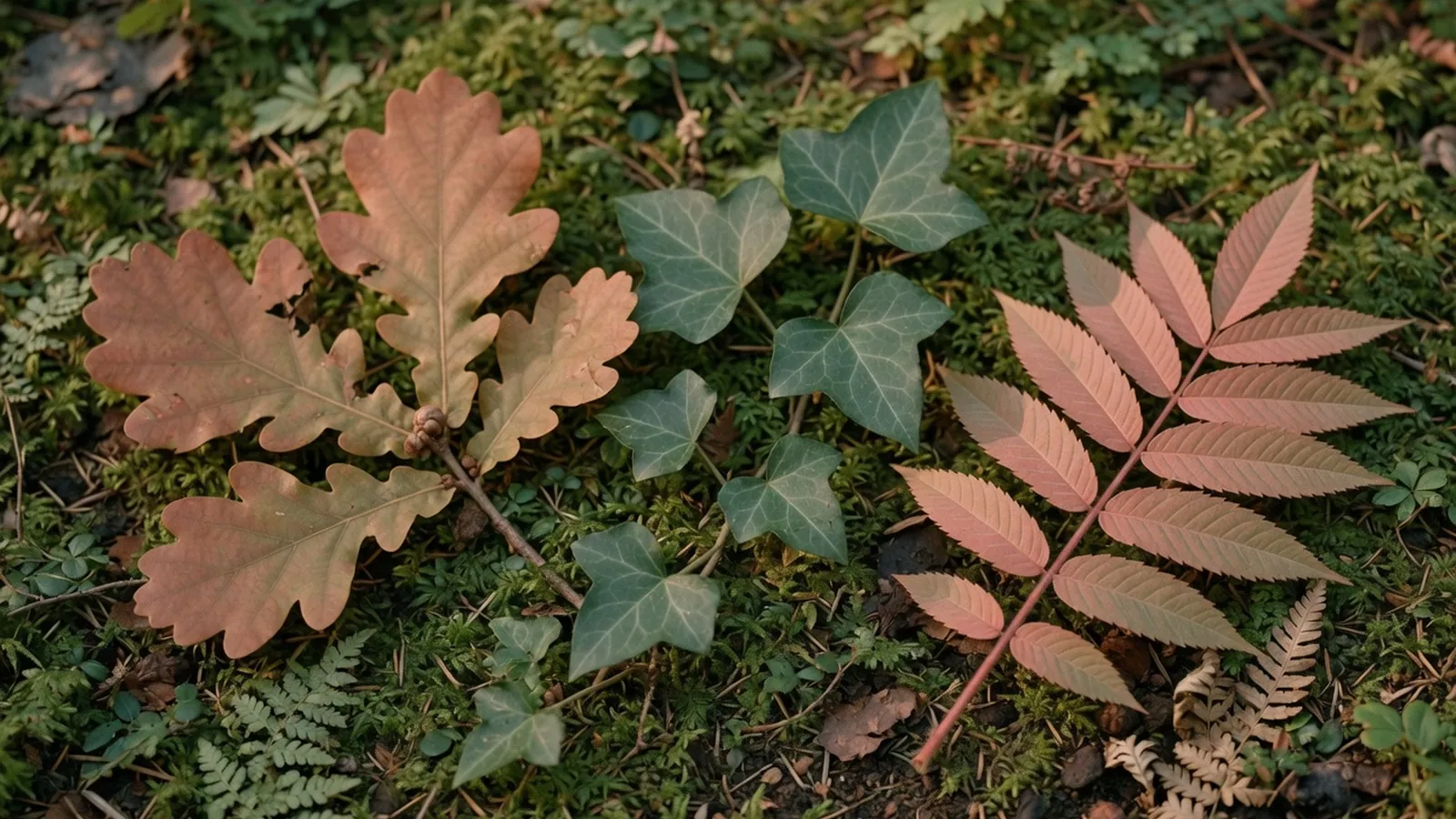 Three different toxic leaf clusters displayed side by side on a forest floor.