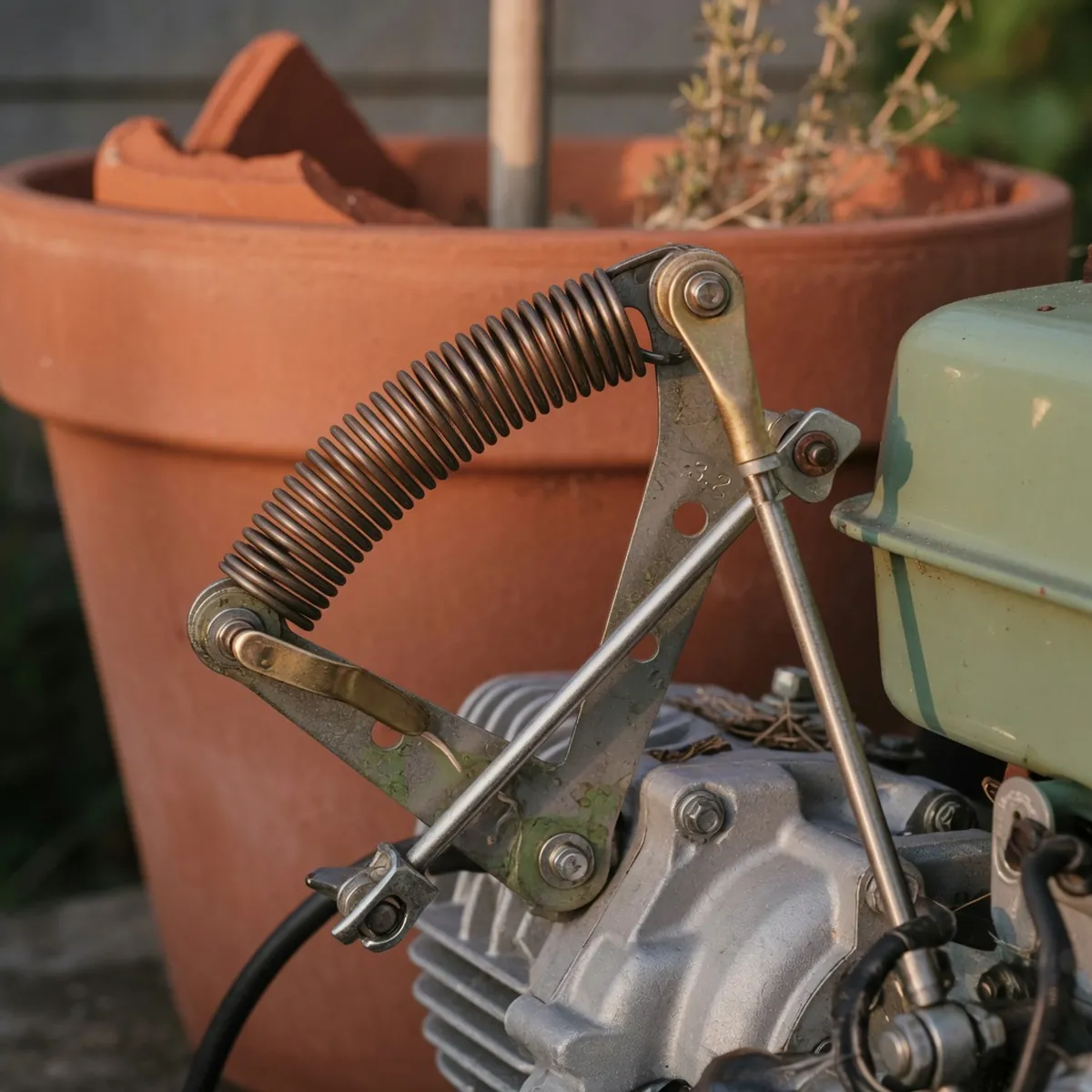 A metal governor spring and linkage mechanism on a small gasoline engine.