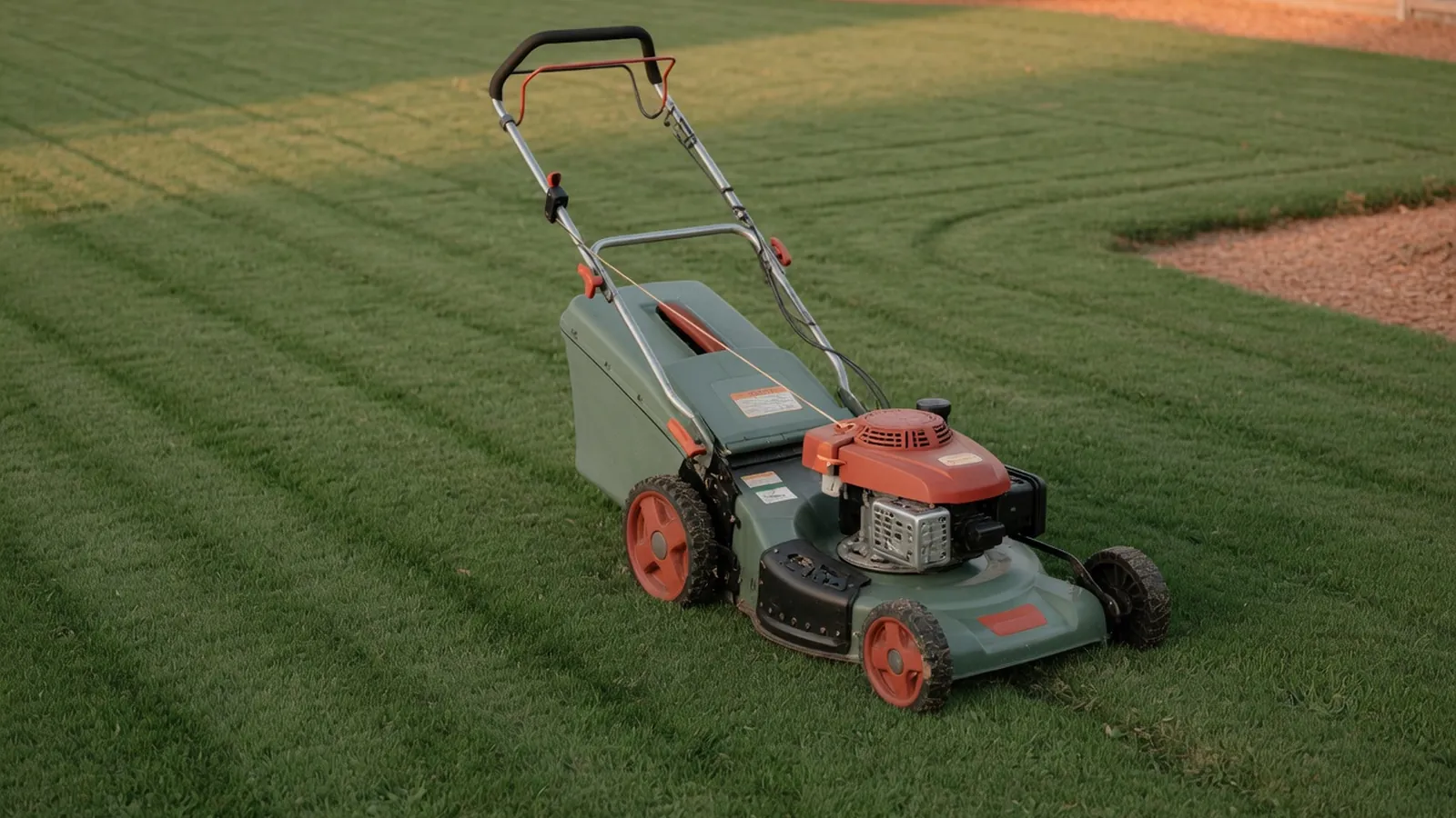 A push lawn mower resting on a neatly trimmed green lawn under bright daylight.