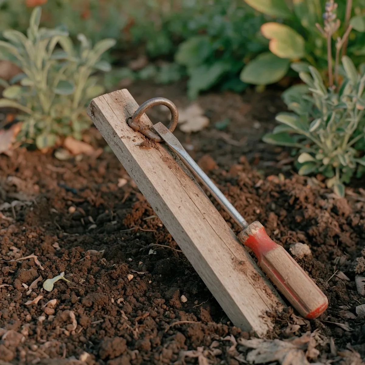 A screwdriver prying open the metal hook on a wooden garden stake.