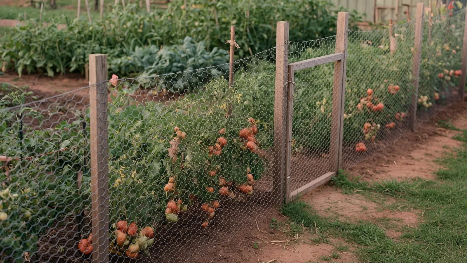 A chicken wire fence protecting a row of healthy tomato plants in a vegetable garden.