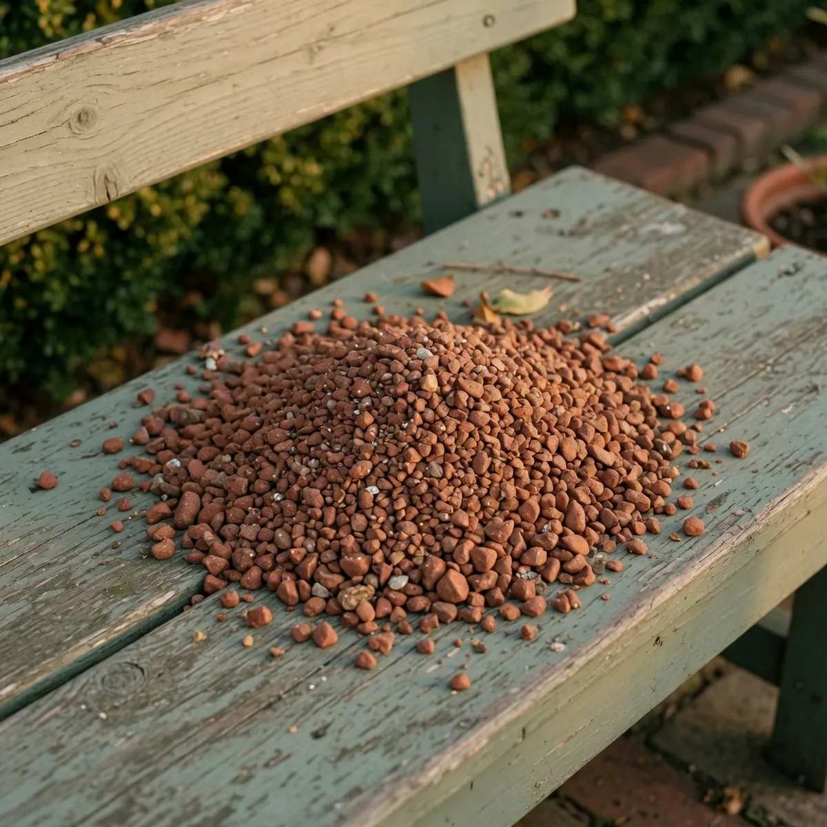 A close-up view of reddish gravel with tiny sparkling mineral spots scattered on a garden path.