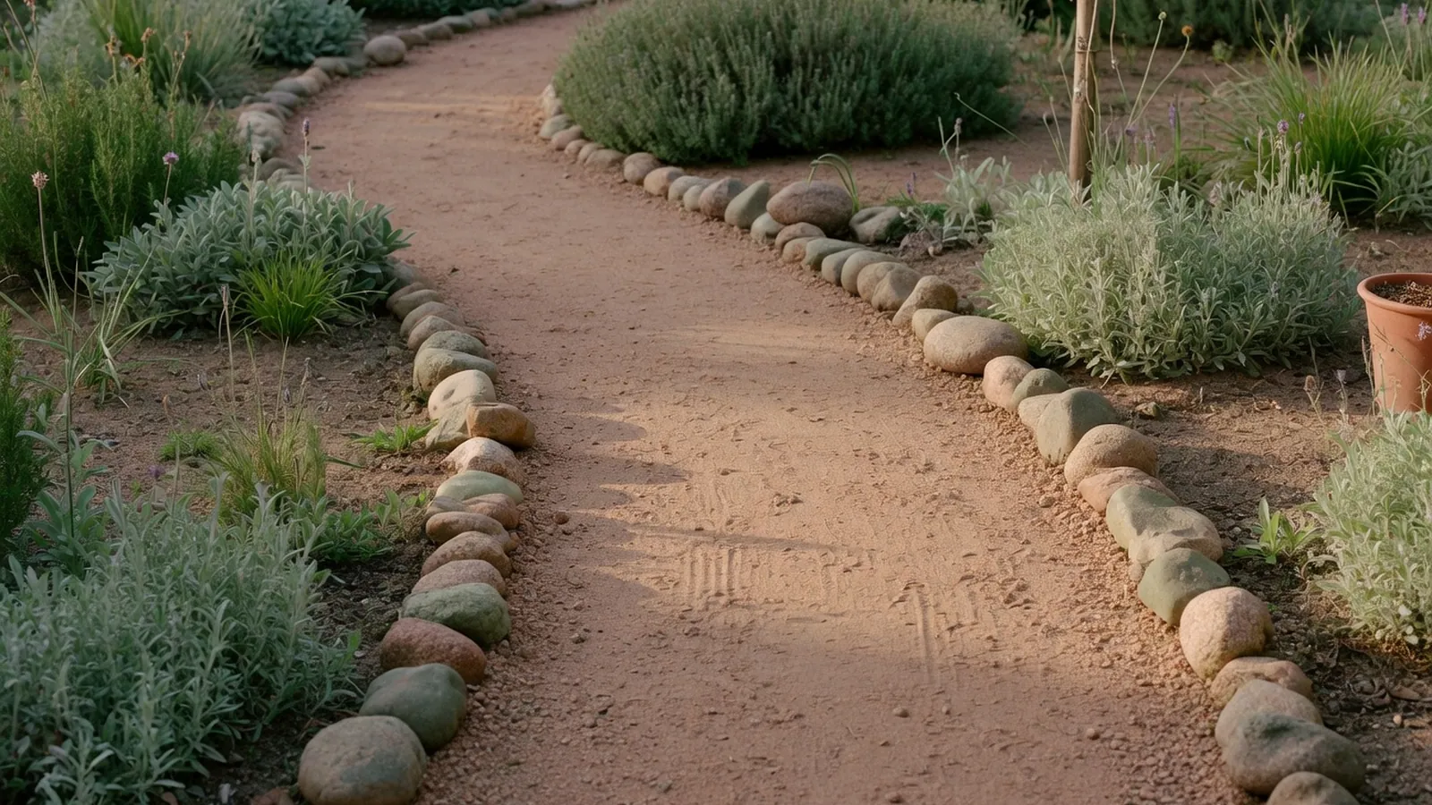 A freshly laid decomposed granite walkway bordered by natural stones winding through a green garden.