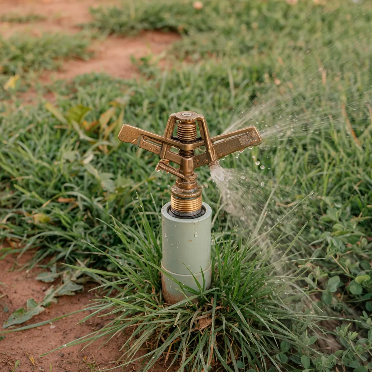 A brass sprinkler head spraying water onto a green lawn.