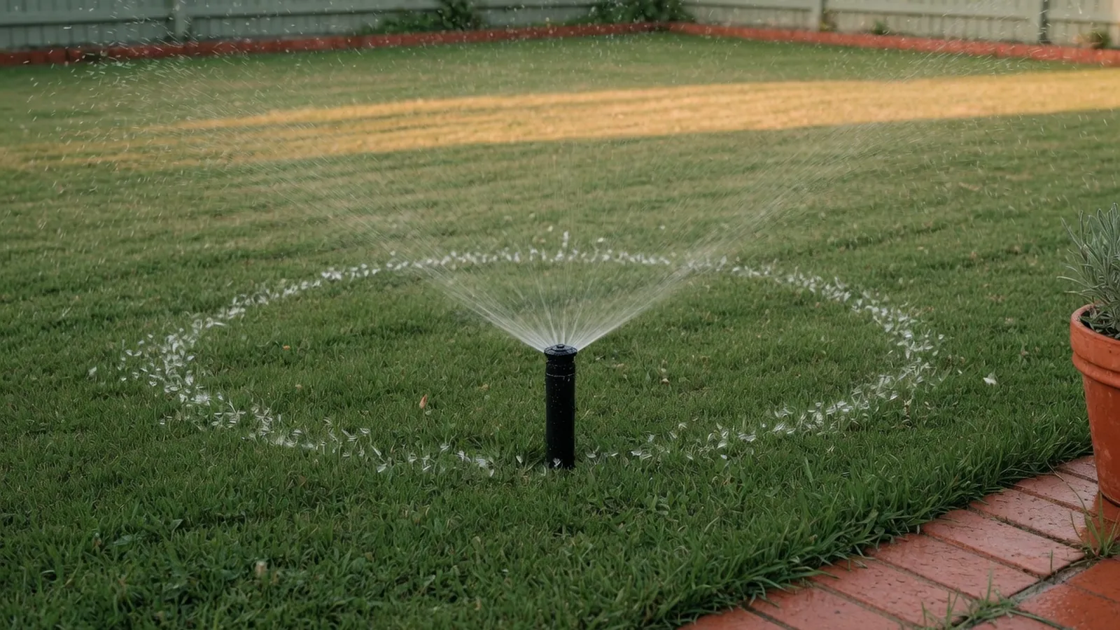 A lush green lawn being evenly watered by an automatic sprinkler system.