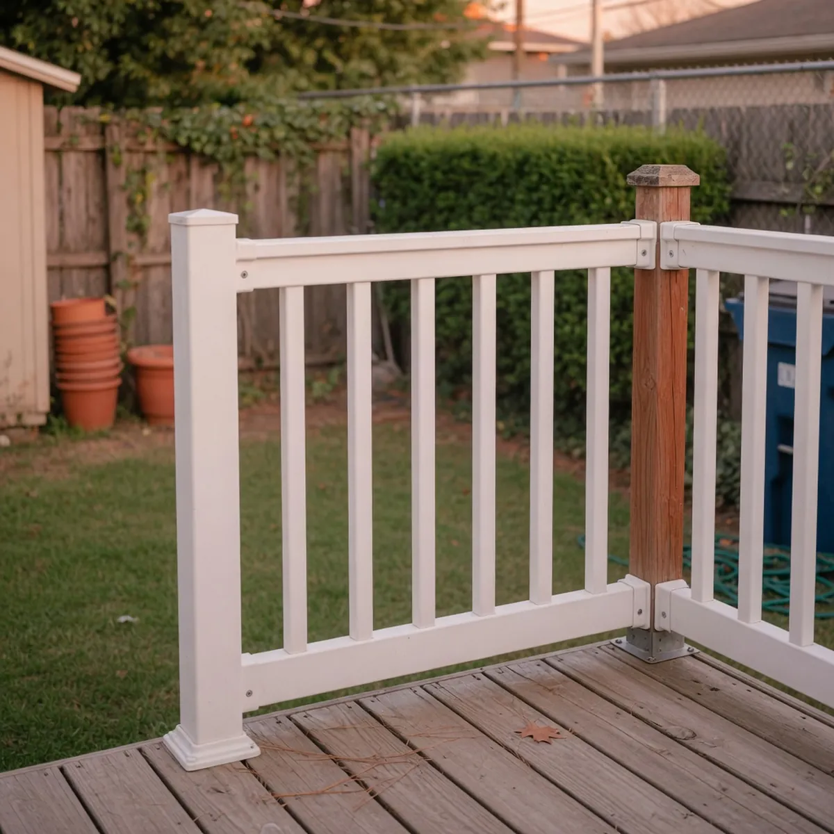 A section of white vinyl railing posts and rails on a wooden deck.