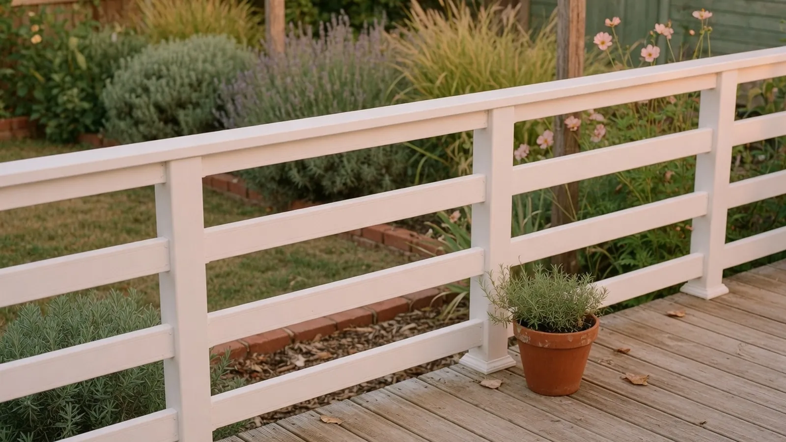 A completed white vinyl deck railing installed on a residential patio.