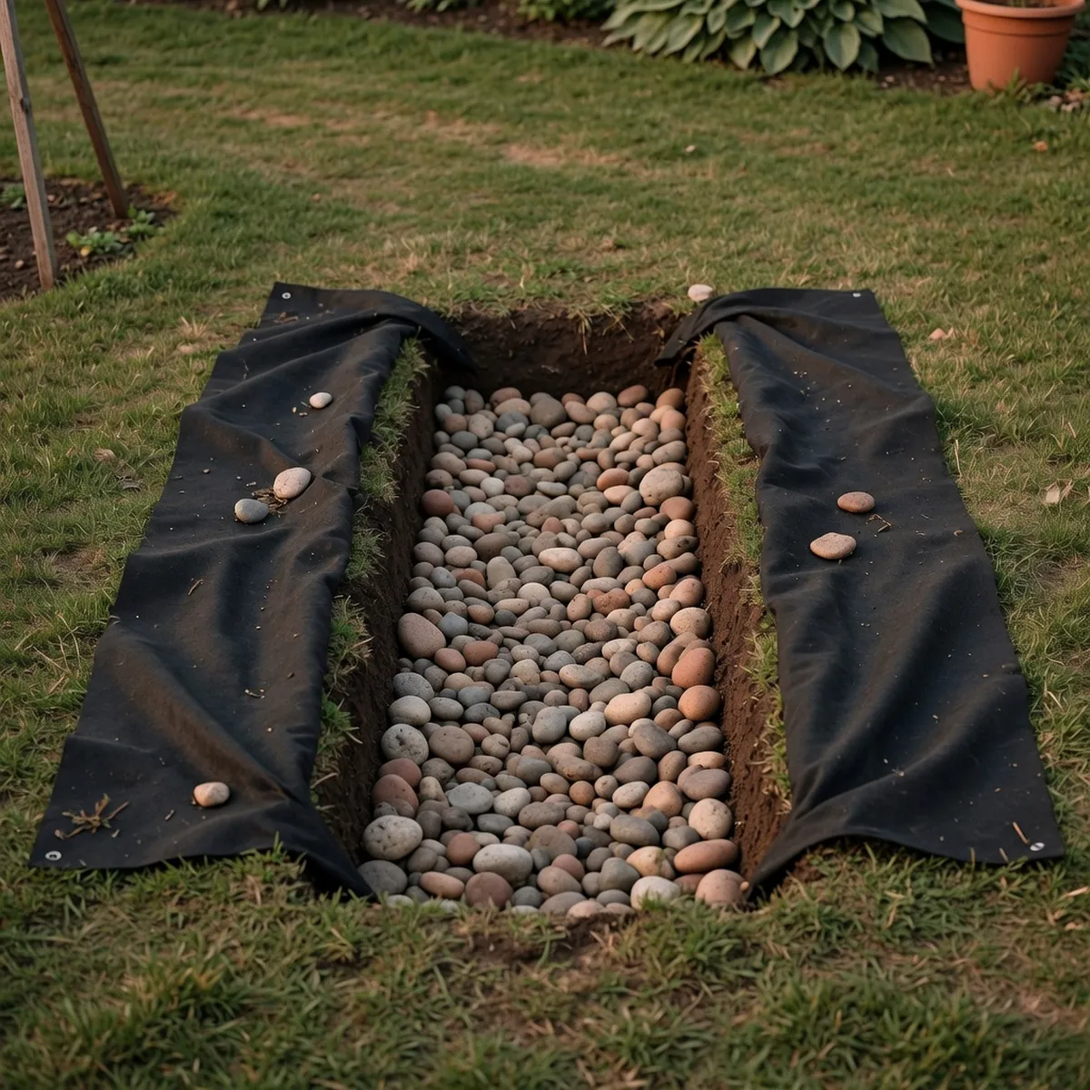 A garden trench lined with landscape fabric and filled with rounded gravel stones.