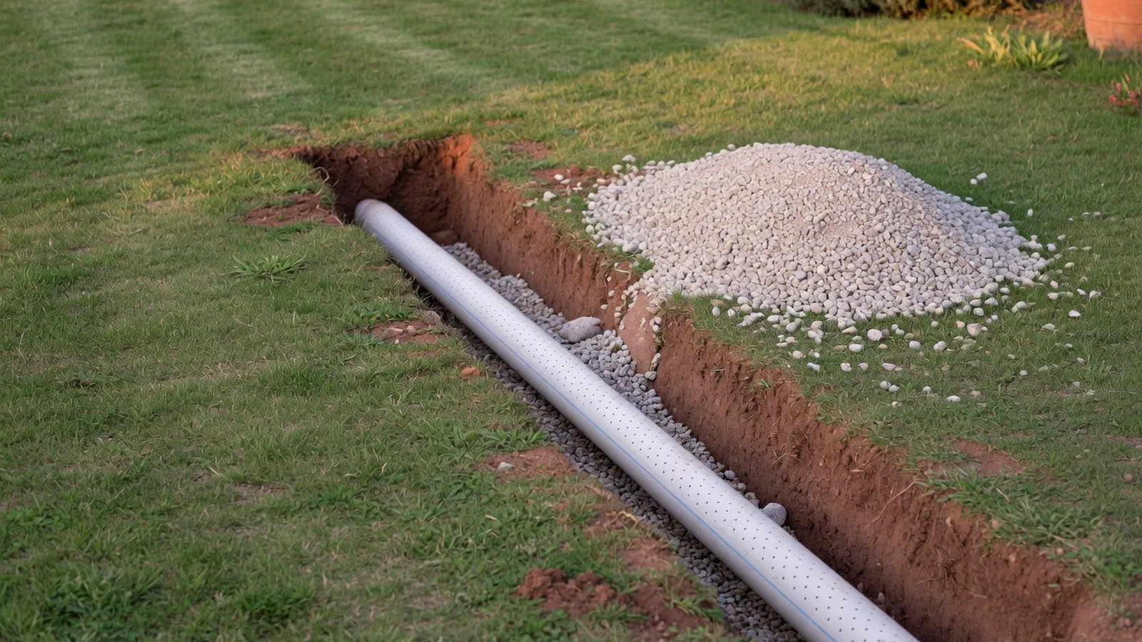 A shallow trench in a green lawn with a perforated PVC pipe and a pile of gravel nearby.
