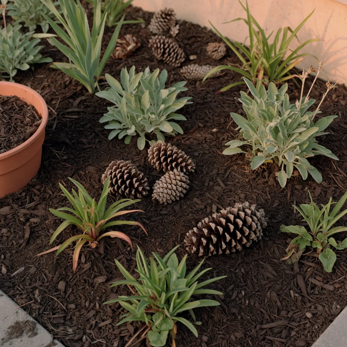 A flower bed covered in mulch and scattered pine cones to deter cats.