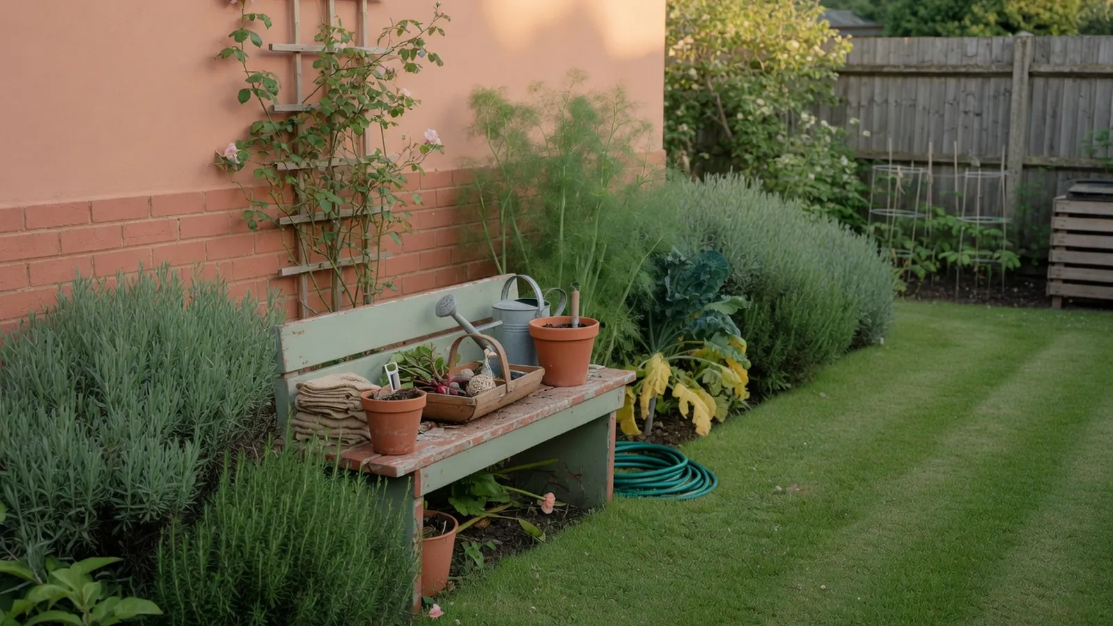 A quiet suburban garden with lush green plants and a neatly trimmed lawn.
