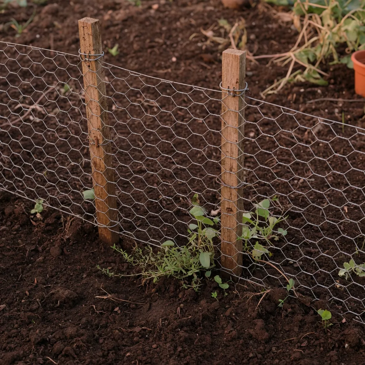 A close-up view of sturdy chicken wire fencing securely anchored into dark garden soil.