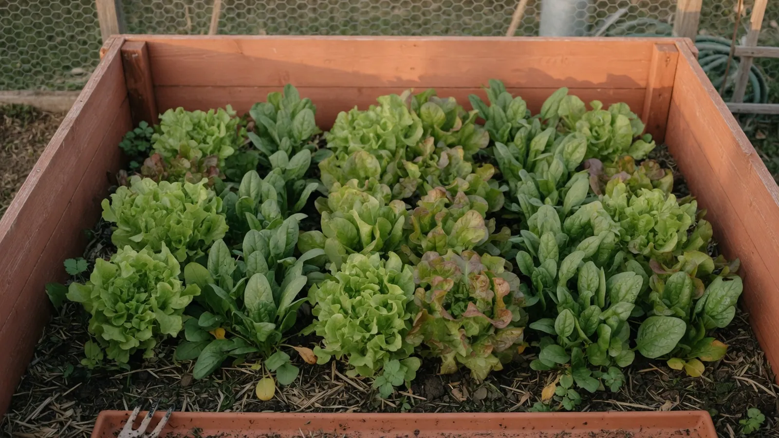 A vegetable garden bed featuring tender leafy greens like lettuce and spinach ready for harvest.