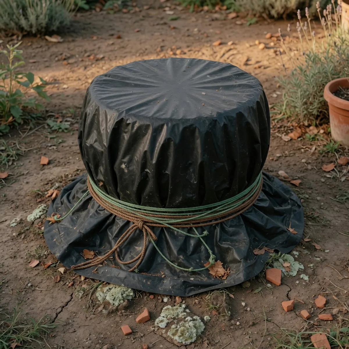 A tree stump completely covered by a heavy black plastic sheet secured around its base.