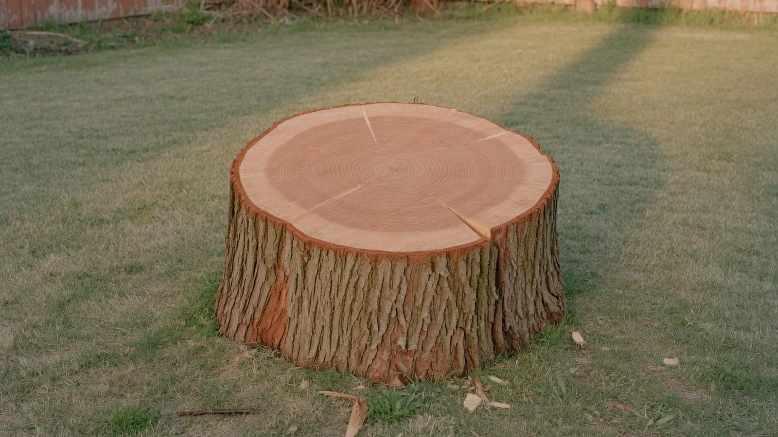 A freshly cut tree stump displaying its flat top surface in a grassy yard.