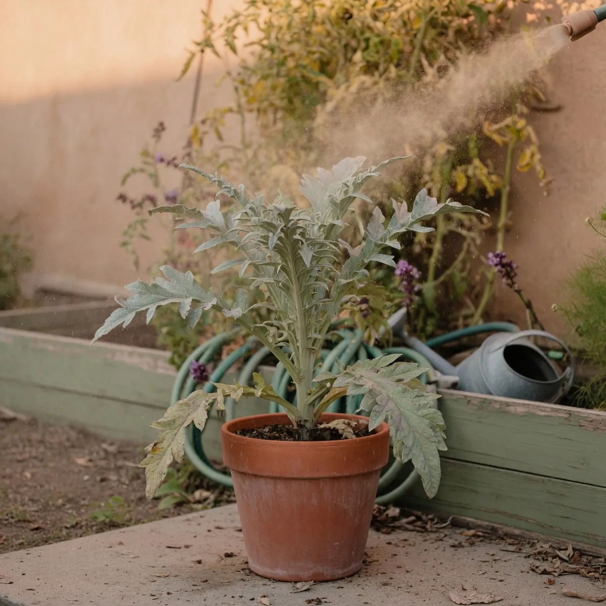 A garden plant receiving a fine mist of cloudy mineral clay spray.