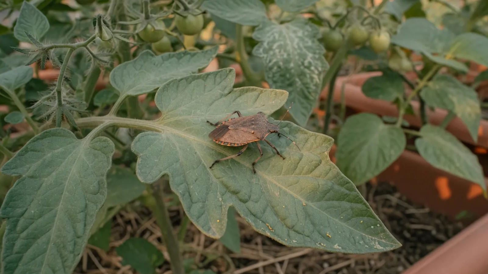 A brown stink bug perched on a broad green tomato leaf in a vegetable patch.