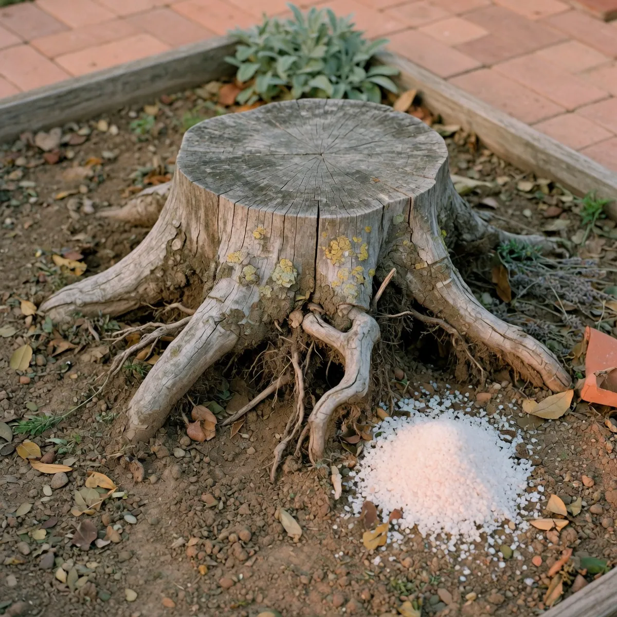 A weathered tree stump surrounded by loose soil and a small pile of white crystalline salt.
