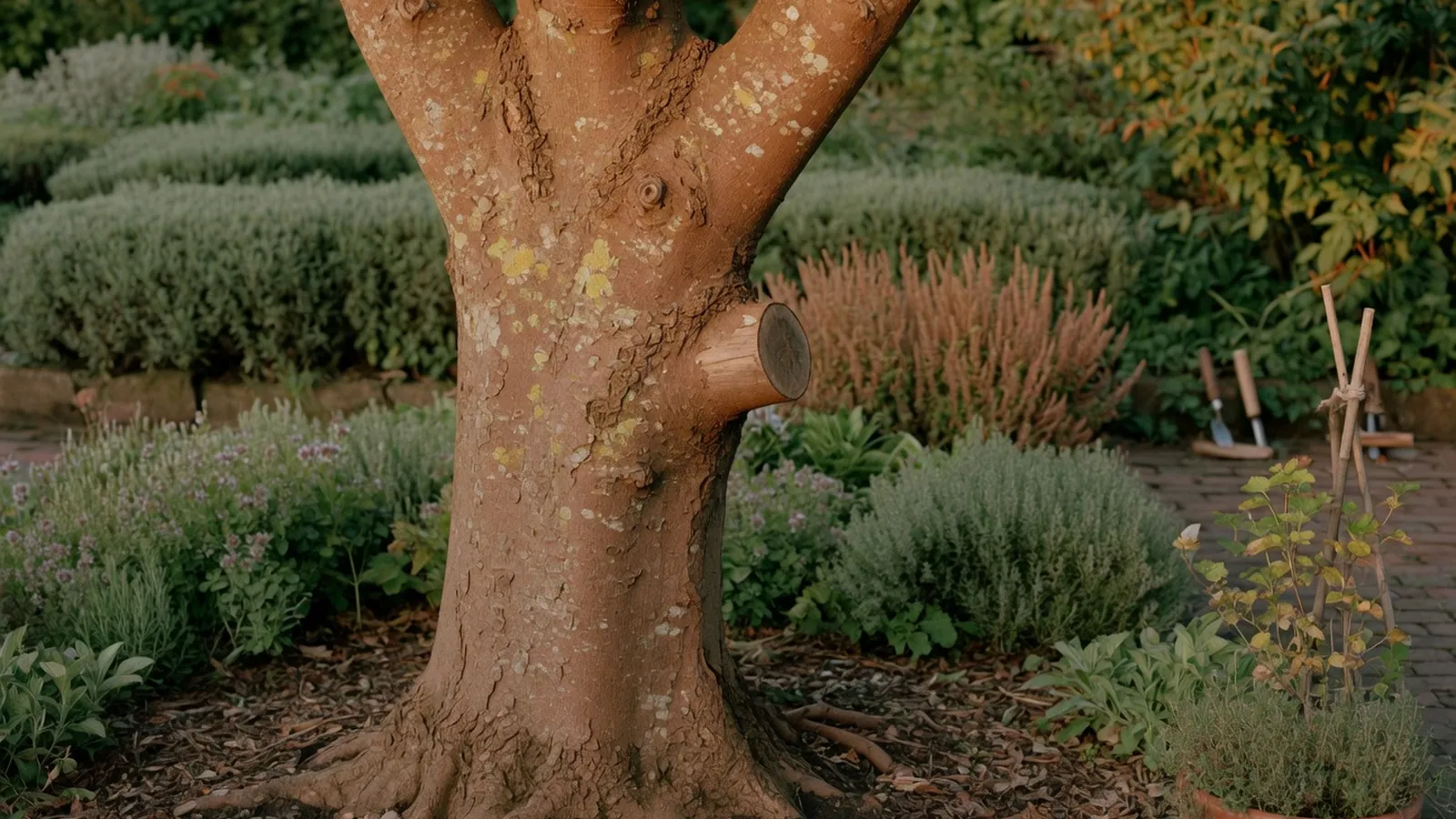 A mature tree trunk standing in a sunlit garden with soft green foliage in the background.