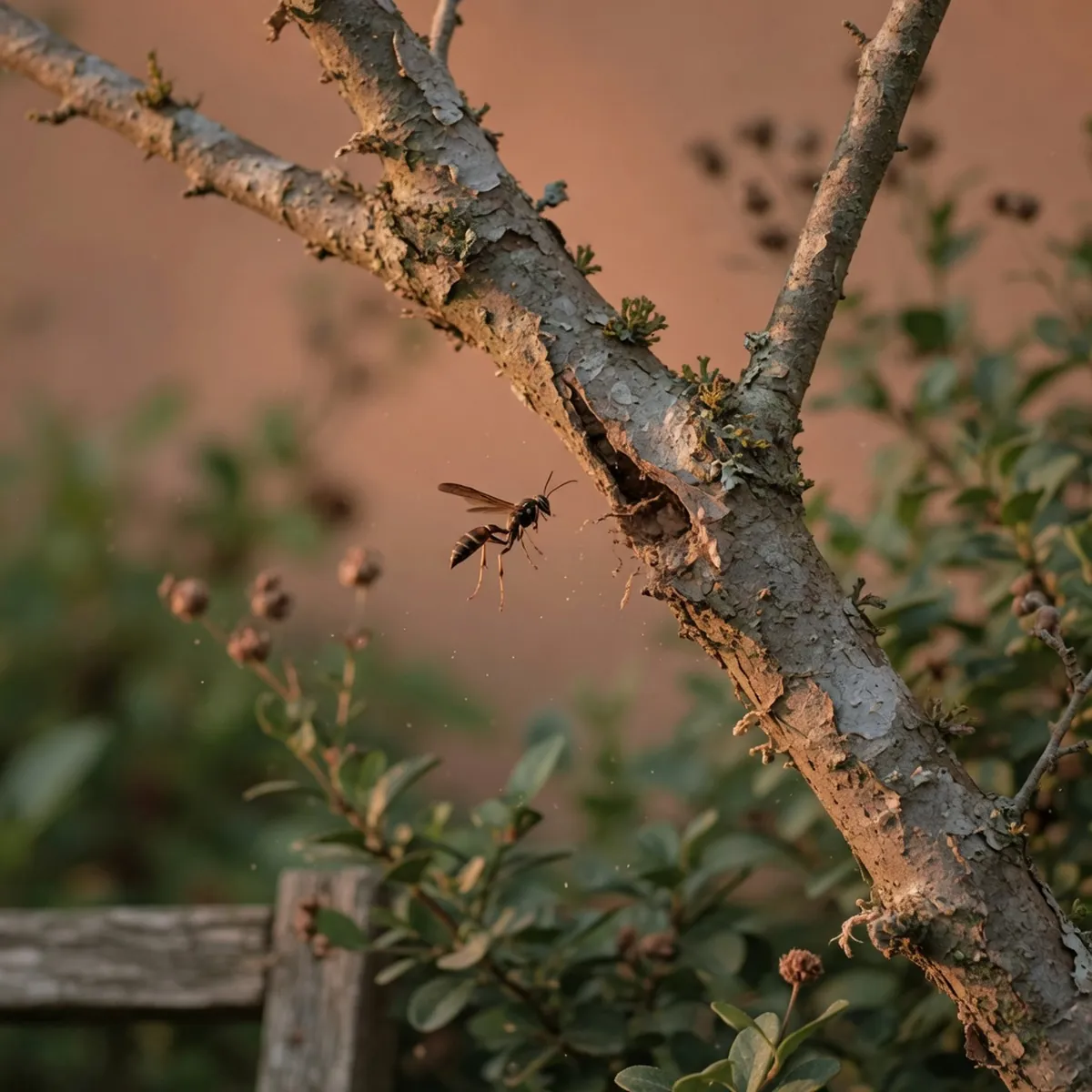 A solitary wasp hovering near a tree branch in the evening light.