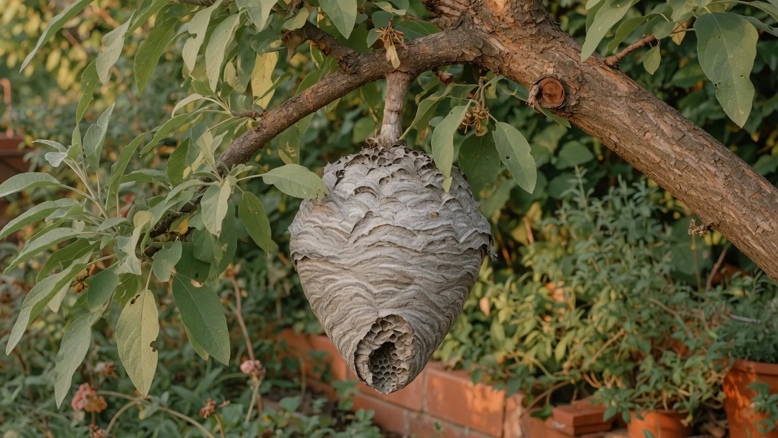 A grey paper-like wasp nest hanging from a tree branch in a garden.