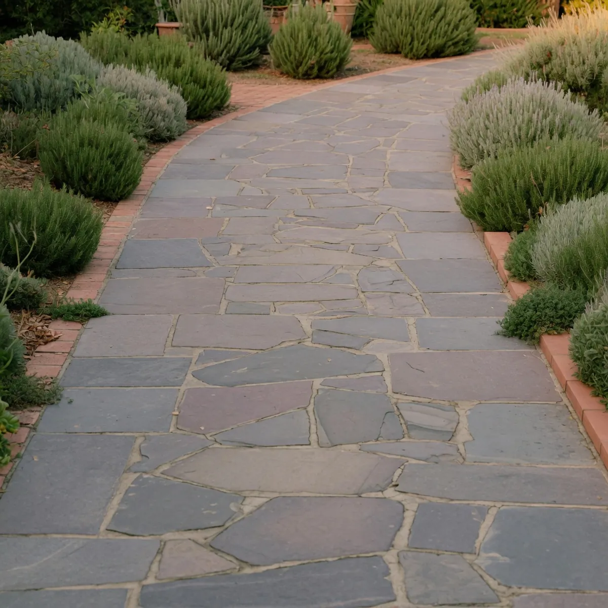 A smooth driveway paved with natural bluestone set in concrete, bordered by low green shrubs.